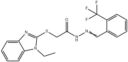 2-(1-ethylbenzimidazol-2-yl)sulfanyl-N-[(E)-[2-(trifluoromethyl)phenyl]methylideneamino]acetamide Struktur