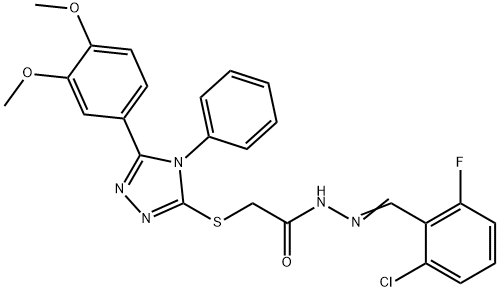 N-[(E)-(2-chloro-6-fluorophenyl)methylideneamino]-2-[[5-(3,4-dimethoxyphenyl)-4-phenyl-1,2,4-triazol-3-yl]sulfanyl]acetamide Struktur