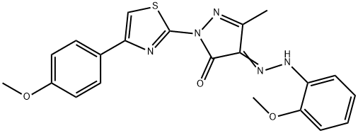 4-[(2-methoxyphenyl)hydrazono]-2-[4-(4-methoxyphenyl)-1,3-thiazol-2-yl]-5-methyl-2,4-dihydro-3H-pyrazol-3-one Struktur