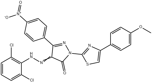 4-[(2,6-dichlorophenyl)hydrazono]-2-[4-(4-methoxyphenyl)-1,3-thiazol-2-yl]-5-(4-nitrophenyl)-2,4-dihydro-3H-pyrazol-3-one Struktur