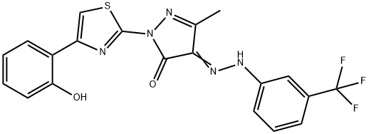 2-[4-(2-hydroxyphenyl)-1,3-thiazol-2-yl]-5-methyl-4-{[3-(trifluoromethyl)phenyl]hydrazono}-2,4-dihydro-3H-pyrazol-3-one Struktur