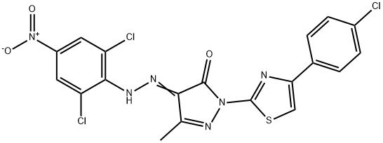 2-[4-(4-chlorophenyl)-1,3-thiazol-2-yl]-4-[(2,6-dichloro-4-nitrophenyl)hydrazono]-5-methyl-2,4-dihydro-3H-pyrazol-3-one Struktur