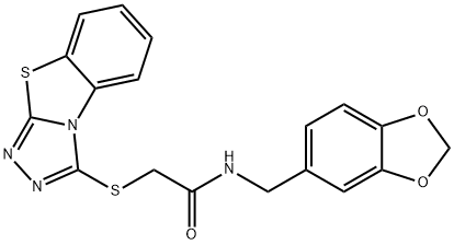 2-(benzo[4,5]thiazolo[2,3-c][1,2,4]triazol-3-ylthio)-N-(benzo[d][1,3]dioxol-5-ylmethyl)acetamide Struktur