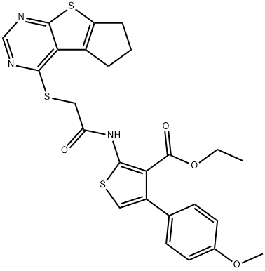 ethyl 2-(2-((6,7-dihydro-5H-cyclopenta[4,5]thieno[2,3-d]pyrimidin-4-yl)thio)acetamido)-4-(4-methoxyphenyl)thiophene-3-carboxylate Struktur