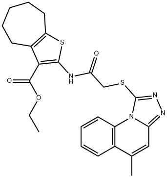 ethyl 2-(2-((5-methyl-[1,2,4]triazolo[4,3-a]quinolin-1-yl)thio)acetamido)-5,6,7,8-tetrahydro-4H-cyclohepta[b]thiophene-3-carboxylate Struktur