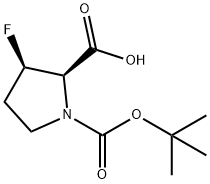 (2R,3R)-1-[(tert-butoxy)carbonyl]-3-fluoropyrrolidine-2-carboxylic acid Struktur