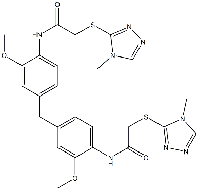 N-[2-methoxy-4-[[3-methoxy-4-[[2-[(4-methyl-1,2,4-triazol-3-yl)sulfanyl]acetyl]amino]phenyl]methyl]phenyl]-2-[(4-methyl-1,2,4-triazol-3-yl)sulfanyl]acetamide Struktur