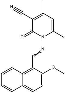 1-{[(2-methoxy-1-naphthyl)methylene]amino}-4,6-dimethyl-2-oxo-1,2-dihydro-3-pyridinecarbonitrile Struktur