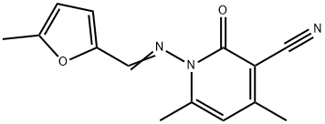 (E)-4,6-dimethyl-1-(((5-methylfuran-2-yl)methylene)amino)-2-oxo-1,2-dihydropyridine-3-carbonitrile Struktur