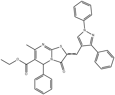 ethyl (Z)-2-((1,3-diphenyl-1H-pyrazol-4-yl)methylene)-7-methyl-3-oxo-5-phenyl-2,3-dihydro-5H-thiazolo[3,2-a]pyrimidine-6-carboxylate Struktur