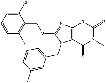 8-((2-chloro-6-fluorobenzyl)thio)-1,3-dimethyl-7-(3-methylbenzyl)-3,7-dihydro-1H-purine-2,6-dione Struktur