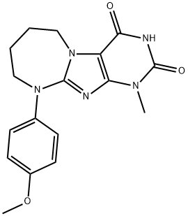 9-(4-Methoxy-phenyl)-1-methyl-6,7,8,9-tetrahydro-1H,5H-1,3,4b,9,10-pentaaza-benzo[a]azulene-2,4-dione Struktur