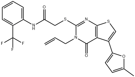 2-((3-allyl-5-(5-methylfuran-2-yl)-4-oxo-3,4-dihydrothieno[2,3-d]pyrimidin-2-yl)thio)-N-(2-(trifluoromethyl)phenyl)acetamide Struktur