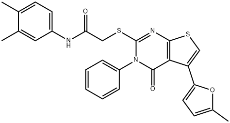 N-(3,4-dimethylphenyl)-2-((5-(5-methylfuran-2-yl)-4-oxo-3-phenyl-3,4-dihydrothieno[2,3-d]pyrimidin-2-yl)thio)acetamide Struktur