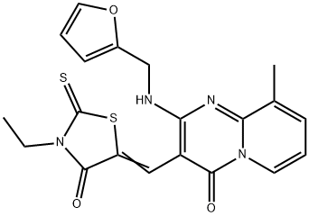 (Z)-3-ethyl-5-((2-((furan-2-ylmethyl)amino)-9-methyl-4-oxo-4H-pyrido[1,2-a]pyrimidin-3-yl)methylene)-2-thioxothiazolidin-4-one Struktur