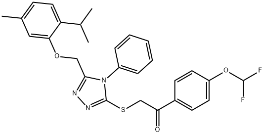 1-(4-(difluoromethoxy)phenyl)-2-((5-((2-isopropyl-5-methylphenoxy)methyl)-4-phenyl-4H-1,2,4-triazol-3-yl)thio)ethan-1-one Struktur