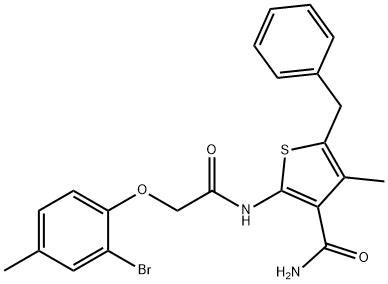 5-benzyl-2-{[(2-bromo-4-methylphenoxy)acetyl]amino}-4-methyl-3-thiophenecarboxamide Struktur