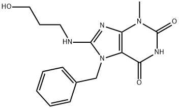 7-benzyl-8-((3-hydroxypropyl)amino)-3-methyl-3,7-dihydro-1H-purine-2,6-dione Struktur