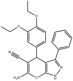 6-amino-4-(3,4-diethoxyphenyl)-3-phenyl-2,4-dihydropyrano[2,3-c]pyrazole-5-carbonitrile Struktur