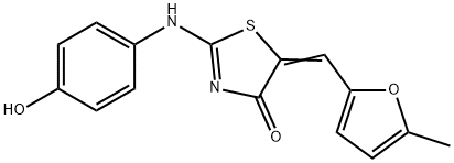 (2E,5E)-2-((4-hydroxyphenyl)imino)-5-((5-methylfuran-2-yl)methylene)thiazolidin-4-one Struktur