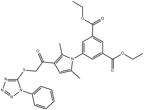 diethyl 5-(2,5-dimethyl-3-(2-((1-phenyl-1H-tetrazol-5-yl)thio)acetyl)-1H-pyrrol-1-yl)isophthalate Struktur