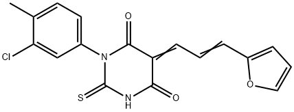 (5E)-1-(3-chloro-4-methylphenyl)-5-[(2E)-3-(furan-2-yl)prop-2-en-1-ylidene]-2-thioxodihydropyrimidine-4,6(1H,5H)-dione Struktur