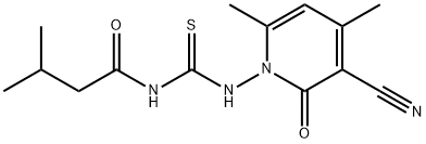 N-[(3-cyano-4,6-dimethyl-2-oxopyridin-1-yl)carbamothioyl]-3-methylbutanamide Struktur