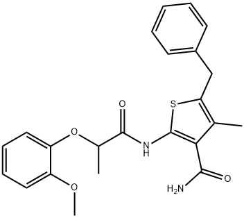 5-benzyl-2-[2-(2-methoxyphenoxy)propanoylamino]-4-methylthiophene-3-carboxamide Struktur