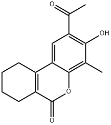 2-Acetyl-3-hydroxy-4-methyl-7,8,9,10-tetrahydro-benzo[c]chromen-6-one Struktur