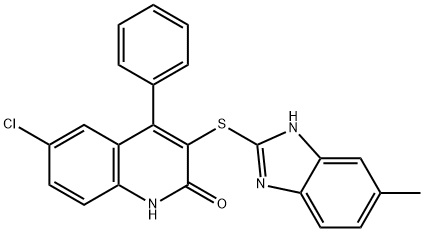 6-chloro-3-[(5-methyl-1H-benzimidazol-2-yl)sulfanyl]-4-phenylquinolin-2(1H)-one Struktur