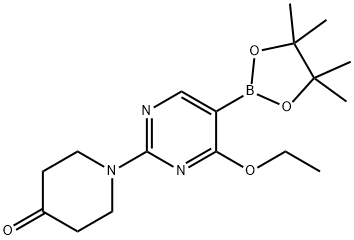 1-(4-ethoxy-5-(4,4,5,5-tetramethyl-1,3,2-dioxaborolan-2-yl)pyrimidin-2-yl)piperidin-4-one Struktur