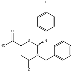 (Z)-3-benzyl-2-((4-fluorophenyl)imino)-4-oxo-1,3-thiazinane-6-carboxylic acid Struktur