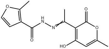 (E)-N'-(1-(4-hydroxy-6-methyl-2-oxo-2H-pyran-3-yl)ethylidene)-2-methylfuran-3-carbohydrazide Struktur