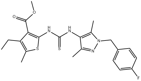 methyl 4-ethyl-2-(3-(1-(4-fluorobenzyl)-3,5-dimethyl-1H-pyrazol-4-yl)thioureido)-5-methylthiophene-3-carboxylate Struktur