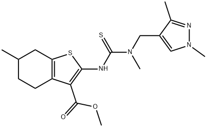 methyl 2-(3-((1,3-dimethyl-1H-pyrazol-4-yl)methyl)-3-methylthioureido)-6-methyl-4,5,6,7-tetrahydrobenzo[b]thiophene-3-carboxylate Struktur