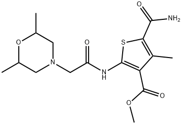 methyl 5-carbamoyl-2-(2-(2,6-dimethylmorpholino)acetamido)-4-methylthiophene-3-carboxylate Struktur