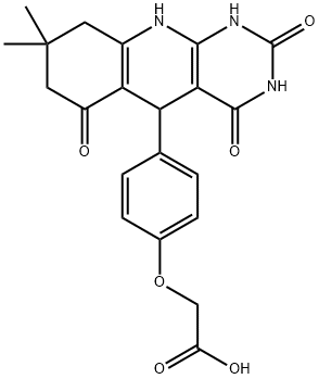 2-(4-(2,4-dihydroxy-8,8-dimethyl-6-oxo-5,6,7,8,9,10-hexahydropyrimido[4,5-b]quinolin-5-yl)phenoxy)acetic acid Struktur