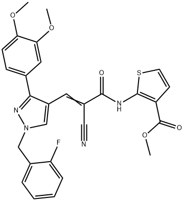 (E)-methyl 2-(2-cyano-3-(3-(3,4-dimethoxyphenyl)-1-(2-fluorobenzyl)-1H-pyrazol-4-yl)acrylamido)thiophene-3-carboxylate Struktur