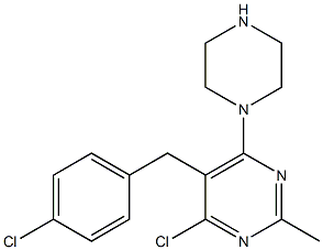 4-chloro-5-(4-chlorobenzyl)-2-methyl-6-(piperazin-1-yl)pyrimidine Struktur