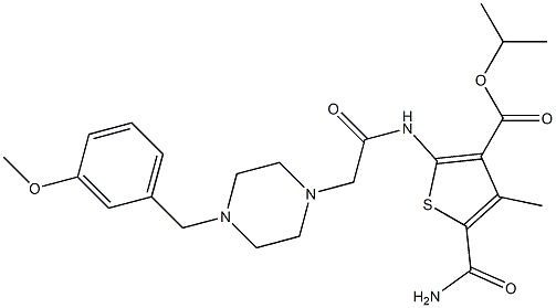 isopropyl 5-carbamoyl-2-(2-(4-(3-methoxybenzyl)piperazin-1-yl)acetamido)-4-methylthiophene-3-carboxylate Struktur