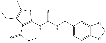 methyl 2-(3-(benzo[d][1,3]dioxol-5-ylmethyl)thioureido)-4-ethyl-5-methylthiophene-3-carboxylate Struktur