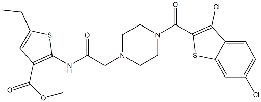 methyl 2-(2-(4-(3,6-dichlorobenzo[b]thiophene-2-carbonyl)piperazin-1-yl)acetamido)-5-ethylthiophene-3-carboxylate Struktur