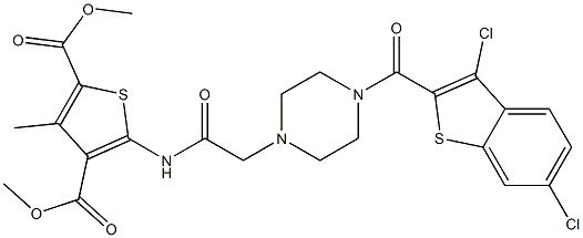 dimethyl 5-(2-(4-(3,6-dichlorobenzo[b]thiophene-2-carbonyl)piperazin-1-yl)acetamido)-3-methylthiophene-2,4-dicarboxylate Struktur