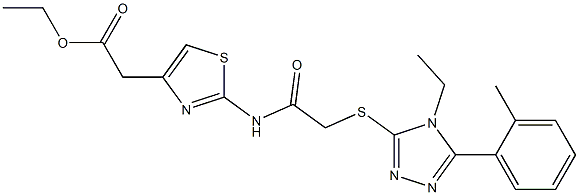 ethyl 2-(2-(2-((4-ethyl-5-(o-tolyl)-4H-1,2,4-triazol-3-yl)thio)acetamido)thiazol-4-yl)acetate Struktur