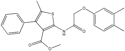 methyl 2-(2-(3,4-dimethylphenoxy)acetamido)-5-methyl-4-phenylthiophene-3-carboxylate Struktur