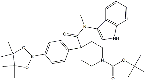 tert-butyl 4-((1H-indol-3-yl)methylcarbamoyl)-4-(4-(4,4,5,5-tetramethyl-1,3,2-dioxaborolan-2-yl)phenyl)piperidine-1-carboxylate Struktur