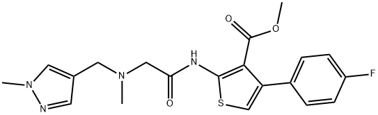 methyl 4-(4-fluorophenyl)-2-(2-(methyl((1-methyl-1H-pyrazol-4-yl)methyl)amino)acetamido)thiophene-3-carboxylate Struktur