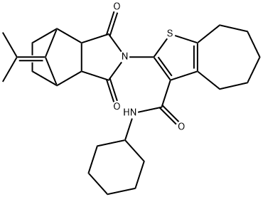 N-cyclohexyl-2-(1,3-dioxo-8-(propan-2-ylidene)hexahydro-1H-4,7-methanoisoindol-2(3H)-yl)-5,6,7,8-tetrahydro-4H-cyclohepta[b]thiophene-3-carboxamide Struktur