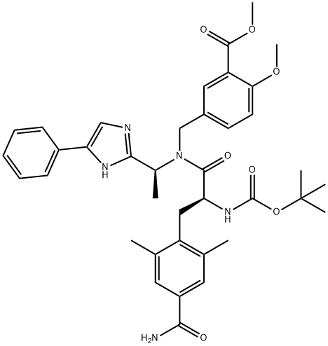 Benzoic acid, 5-[[[(2S)-3-[4-(aminocarbonyl)-2,6-dimethylphenyl]-2-[[(1,1-dimethylethoxy)carbonyl]amino]-1-oxopropyl][(1S)-1-(5-phenyl-1H-imidazol-2-yl)ethyl]amino]methyl]-2-methoxy-, methyl ester Structure