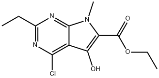 Ethyl 4-chloro-2-ethyl-5-hydroxy-7-methyl-7H-pyrrolo[2,3-d]pyrimidine-6-carboxylate Struktur